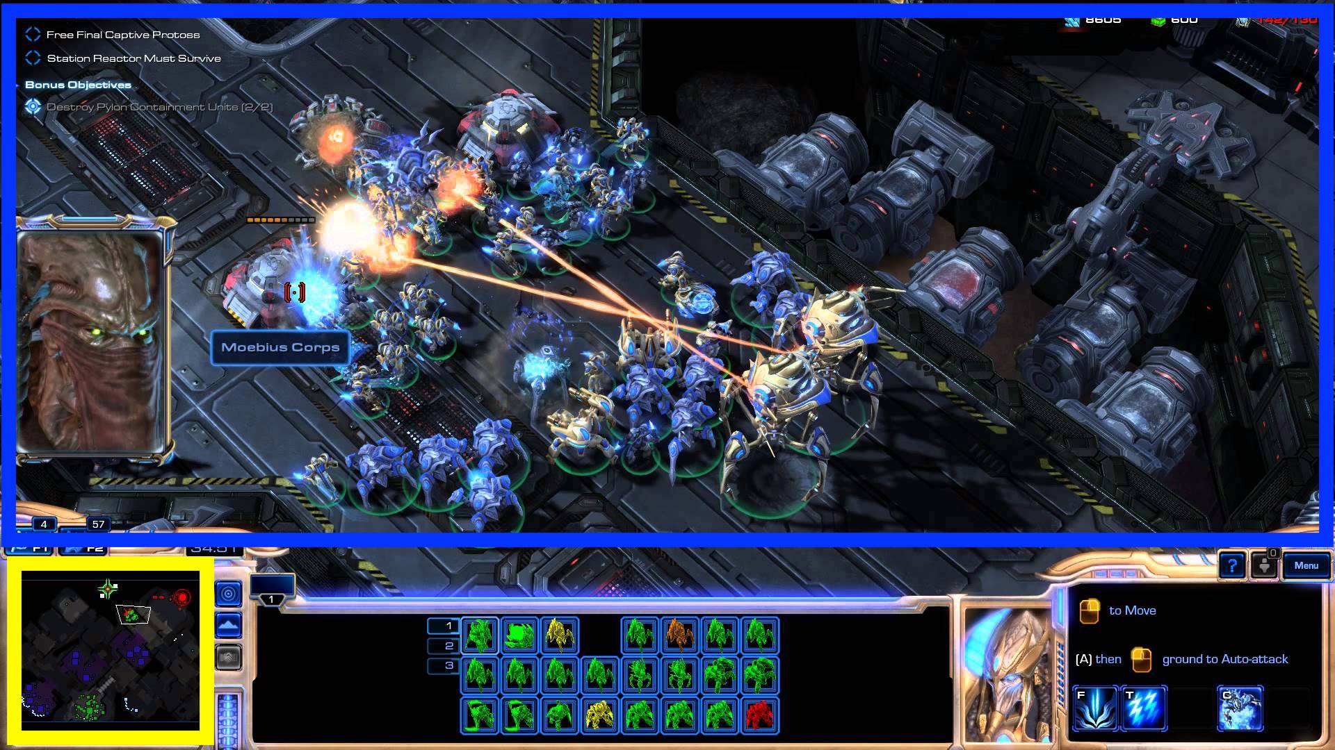 screenshot of starcraft where the main game window is highlighter in blue and the minimap highlighted in yellow